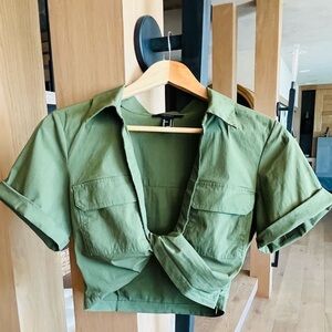 Forever 21 Olive Green Cropped Utility Tie-Front Shirt